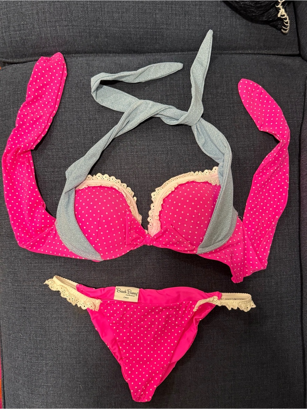 Beach Bunny Hot Pink Polka Dot Bikini with Cream Lace & Light Blue Halter